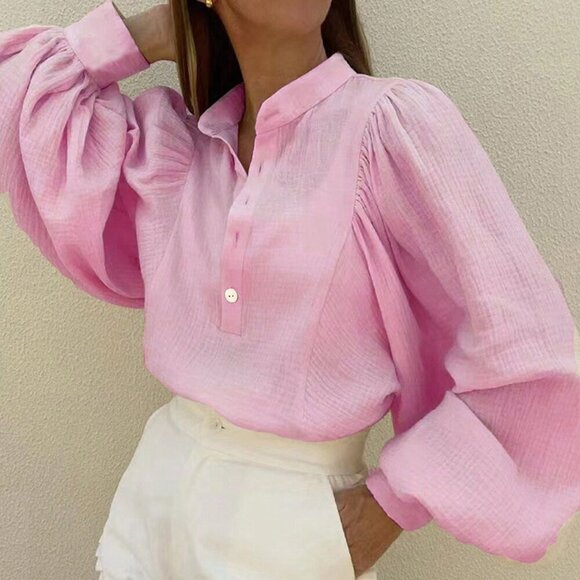 Baby Pink Casual Women's Batwing Lantern Sleeve Loose Shirt - Picture 3 of 4